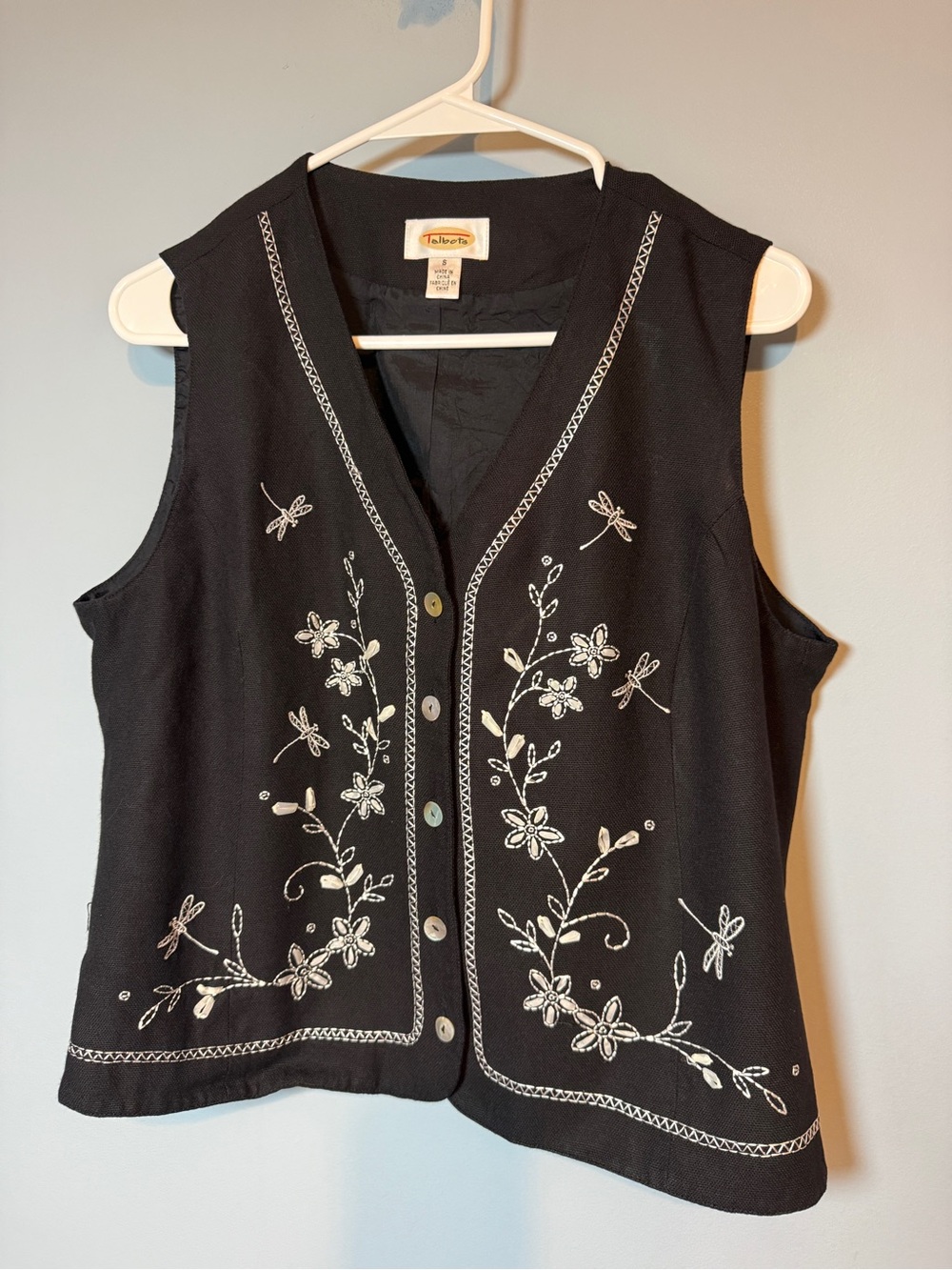 Talbots Black Sleeveless Button Vest with White Floral Embroidery